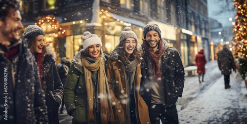 Outdoor winter fun with friends: Christmas decor, snowy streets, and joyful moments in panoramic view