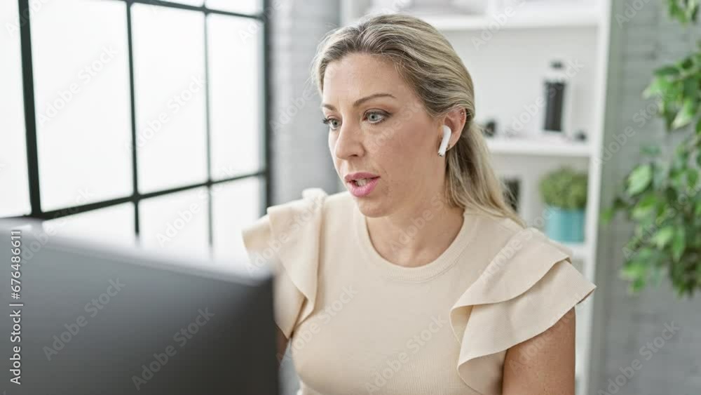 Young blonde woman business worker having video call at the office Young blonde woman business worker having video call at the office