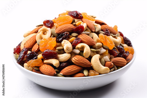 A heaping helping of homemade cereal, nut and pretzel trail mix is shown on a pristine white background.