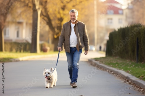Fototapeta Naklejka Na Ścianę i Meble -  Man walking obedient dog led on leash on leaf-covered road along autumn city park