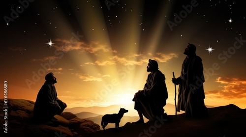 Silhouettes of ancient shepherds with goat looking into sky at Bethlehem star in starry night