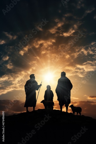 Silhouettes of ancient shepherds with goat looking into sky at Bethlehem star in starry night