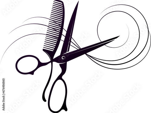 Beautiful curls of hair with scissors and comb of the stylist. Design for a beauty salon and hairdresser