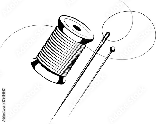 Spool of thread silhouette and needle. Symbol for tailor and sewing salon