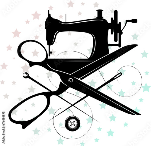 Retro sewing machine, scissors and needle and thread. Design for cutting and sewing