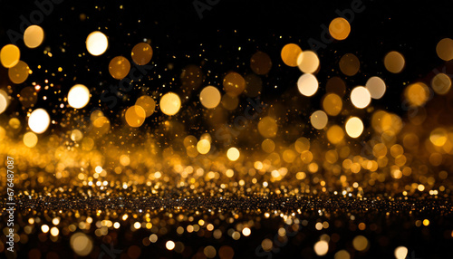 black festive background and barely noticeable golden bokeh sparks of gold in the blur photo