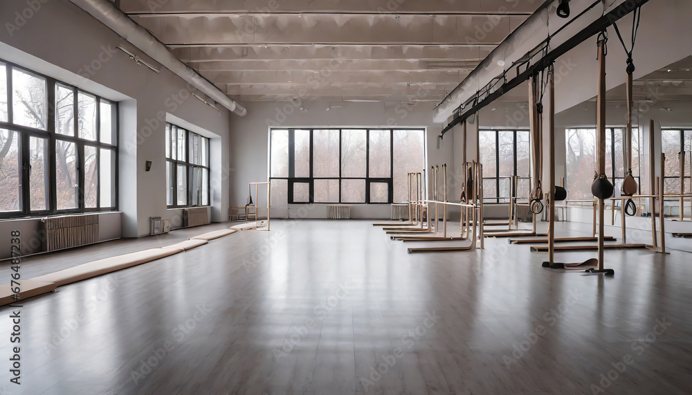 panoramic empty gym with windows for ballet classes