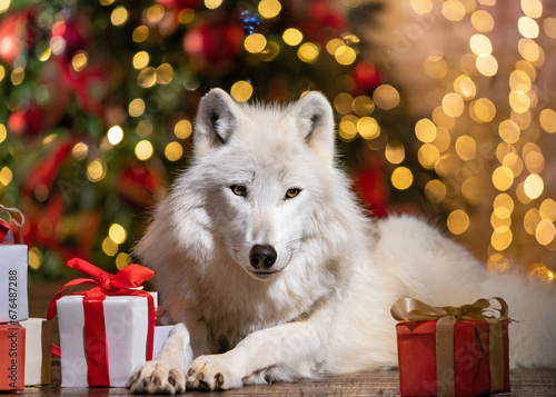 A White Wolf lying next to a  Christmas tree, ideal for a Christmas card