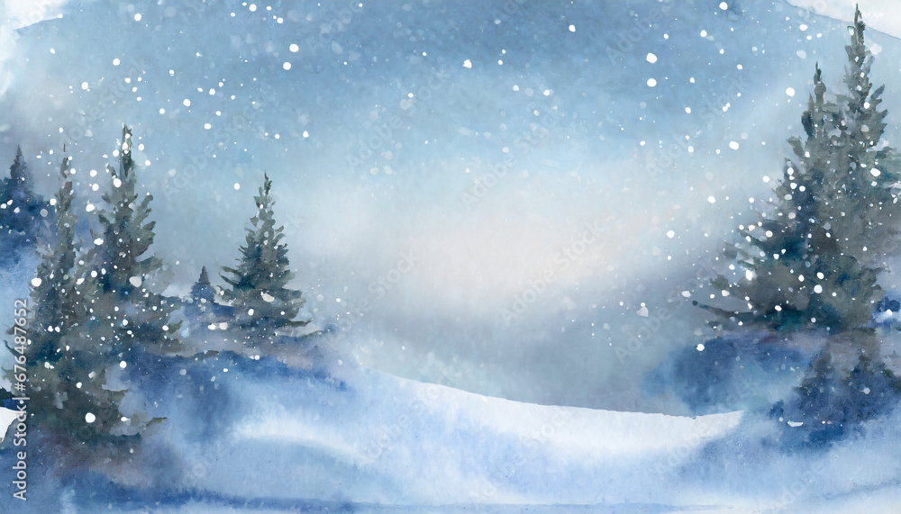 watercolor landscape winter snow snowfall view with copy space empty banner postcard for the new year