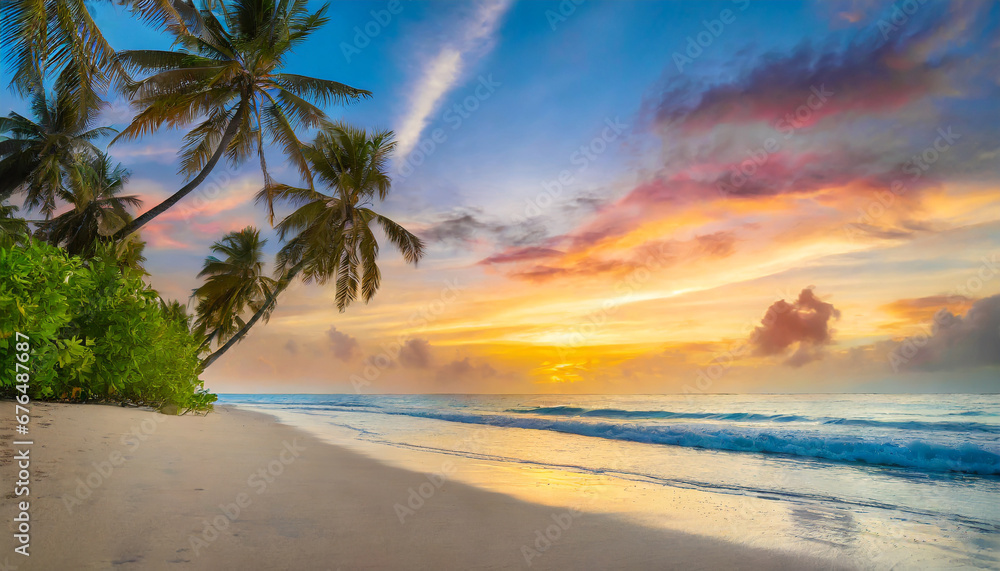 best most exotic travel landscape majestic sunset beach coconut palm tree silhouettes fantastic colorful sky clouds closeup waves sand stunning tropical nature scene panoramic island paradise