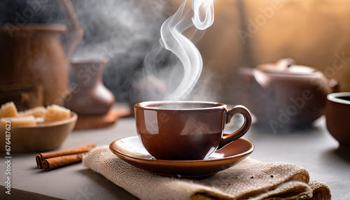 steamy sip a cup of fresh tea or coffee warms the morning the steam rising from the brown mug in a comforting invitation photo