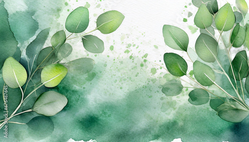 background with leaves green eucalyptus leaves falling on a watercolor background suitable for greeting cards designs wallpaper backgrounds textiles and illustrations ai generative