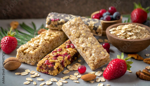 various granola bars on table background cereal granola bars superfood breakfast bars with oats nuts and berries close up superfood concept photo