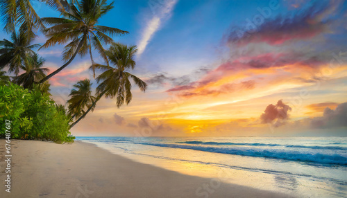 best most exotic travel landscape majestic sunset beach coconut palm tree silhouettes fantastic colorful sky clouds closeup waves sand stunning tropical nature scene panoramic island paradise © Pauline