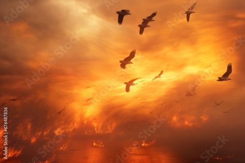 Birds soaring through the smoky sky, attempting to flee from the encroaching fire