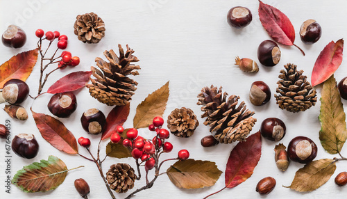 autumn creative frame composition with dried leaves chestnuts red berries and cones on white background generative ai