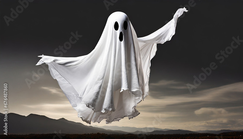 flying halloween ghost in a white sheet png file of isolated cutout object with shadow on transparent background