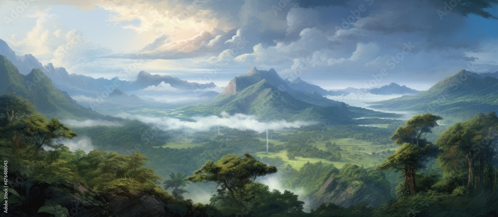 Fototapeta premium In the background the sky painted a magnificent landscape as I traveled through a city surrounded by lush greenery and towering trees with glimpses of the majestic mountains peeking through