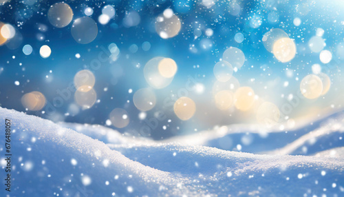 winter snow background with snowdrifts with beautiful light and snow flakes on the blue sky beautiful bokeh circles banner format copy space © Pauline