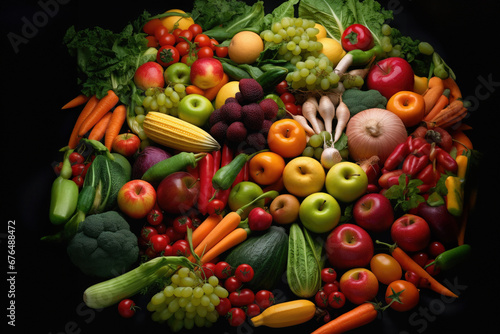 Fruits and vegetables.Assortment of fresh organic fruits and vegetables in rainbow colors.Background