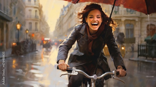 Young woman laughing and clutching an umbrella while cycling around the town on a rainy day photo