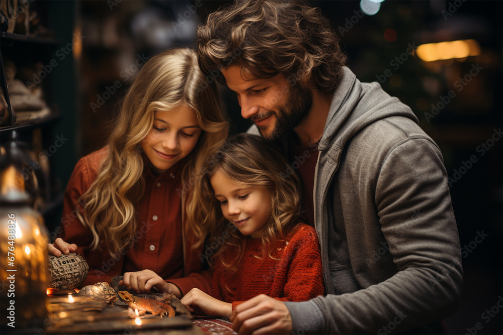 dad with children at the Christmas market. concept of family and holidays