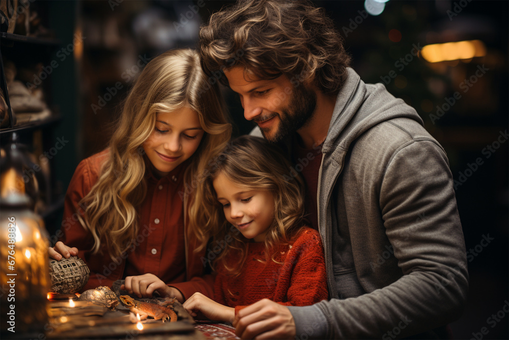 dad with children at the Christmas market. concept of family and holidays dad with children at the Christmas market. concept of family and holidays