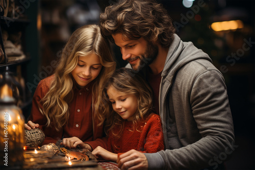 dad with children at the Christmas market. concept of family and holidays