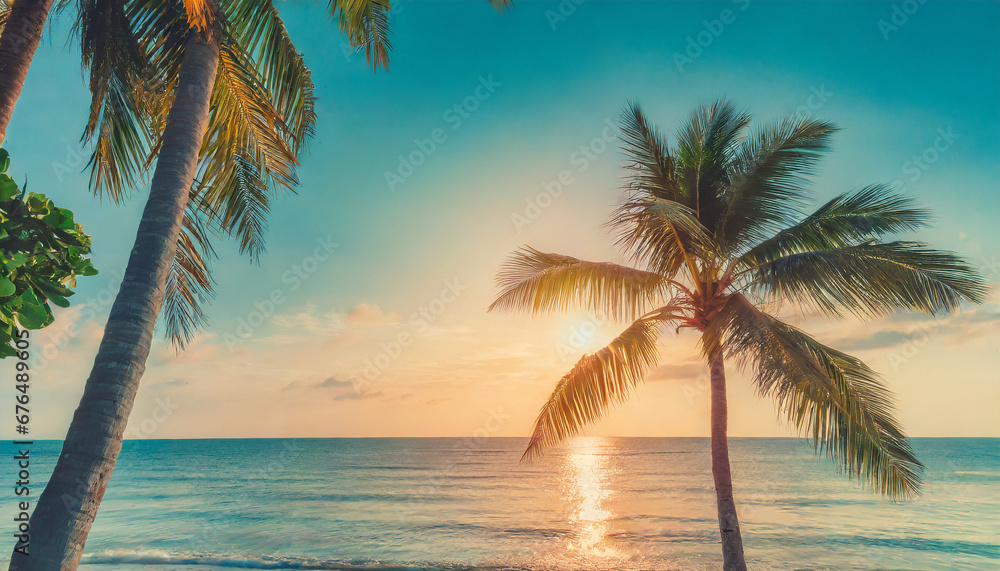 summer beach background palm trees against blue sky banner panorama travel destination tropical beach background with palm trees silhouette at sunset vintage effect meditation peaceful nature view