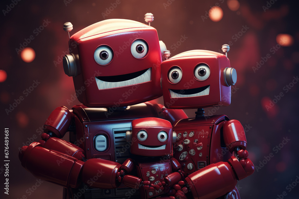 Happy robot family hugging. Witness the love and unity between robotic parents and children, futuristic technology. Perfect for conveying the joy of innovation in your creative projects. Happy robot family hugging. Witness the love and unity between robotic parents and children, futuristic technology. Perfect for conveying the joy of innovation in your creative projects.