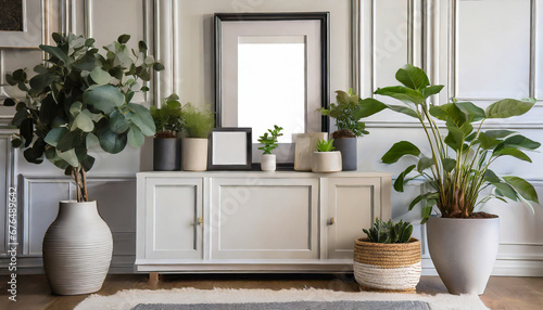 plants and a planter in front of a white mantel plant vases canvas and a decorative photo frame modern interior design of the living room photo