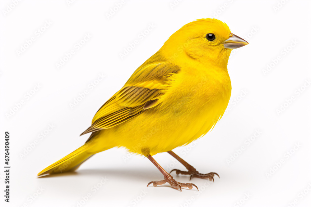 A yellow canary is captured in an isolated studio shot against a white background. A yellow canary is captured in an isolated studio shot against a white background.