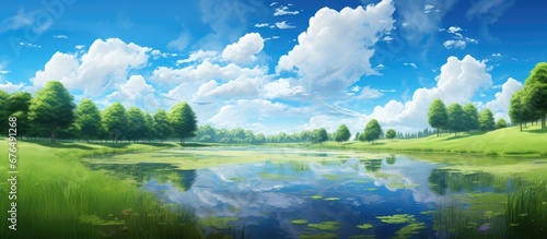 In the summer the sky was a vibrant blue with fluffy white clouds floating lazily above the lush green trees and grass of the park creating a breathtaking landscape that highlighted the beau