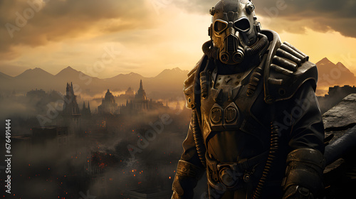 Post-Apocalyptic Survivor in Gas Mask Overlooking a Ruined Cityscape