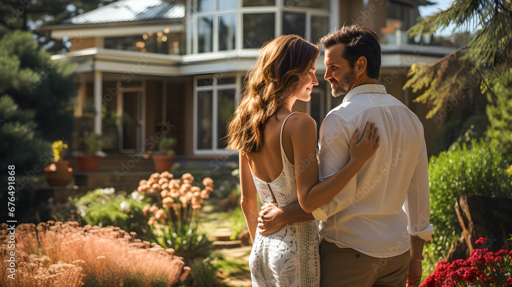 Naklejka premium Couple in love in front of their new house. Buying a new house. Real estate concept and new home.