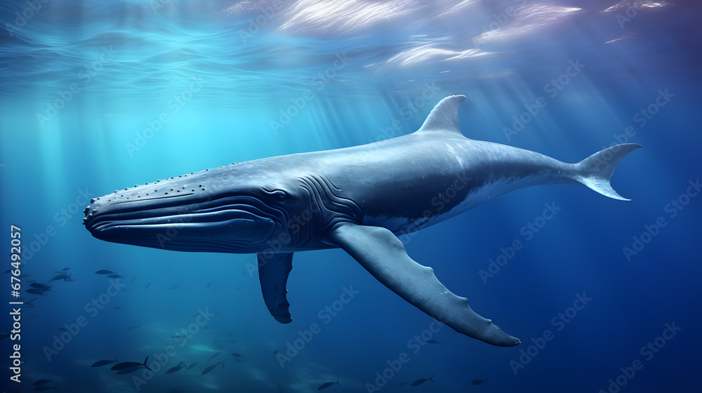 Fototapeta premium Blue Whale Gliding through Sunlit Waters
