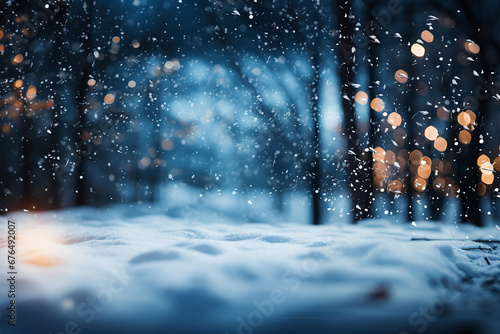 close up winter landscape with snow at night with snowfall