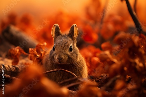 A close-up shot of a small animal desperately seeking refuge amidst burning foliage