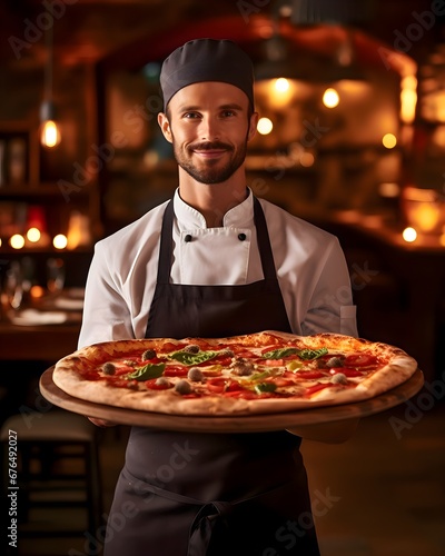 A chef holding a delicious pizza.