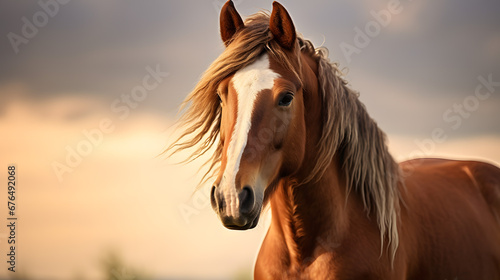 Elegant Chestnut Horse with Flowing Blonde Mane at Sunset