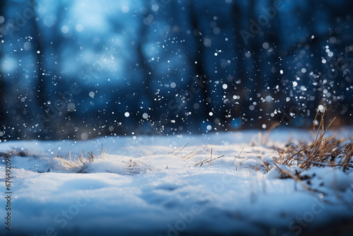 close up winter landscape with snow at night with snowfall