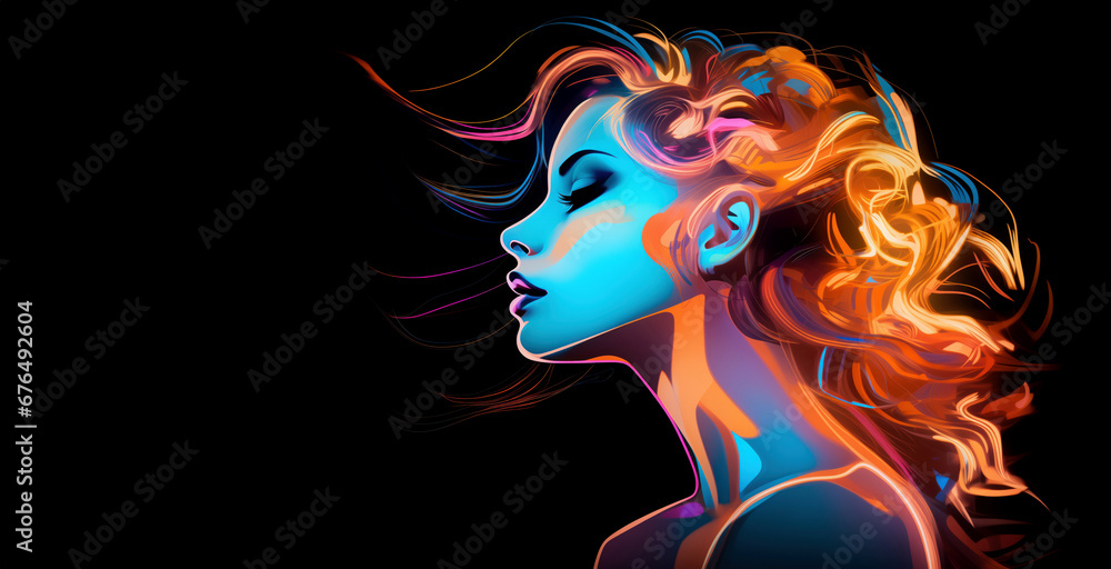 Illustration of fashion profile portrait of a woman, banner with copy space
