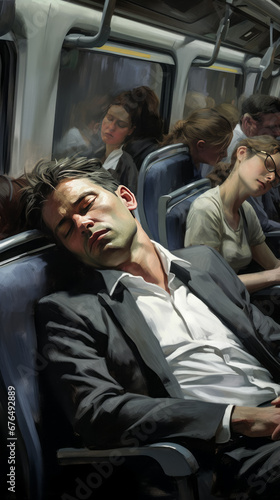 A group of weary commuters sit on an early morning train, exhausted from their daily routines.