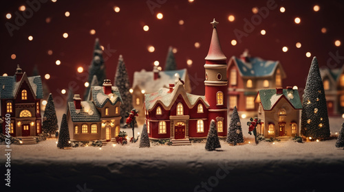 Snowy Miniature Christmas Village with Shops, Stores, and Houses on Red Backdrop in Red House Color Tones with Twinkle Lights and Snowfall - Stop Motion Style with Copy Space - Xmas Concept