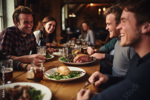 A group of friends enjoying a traditional Irish meal, emphasizing food and camaraderie, creativity with copy space