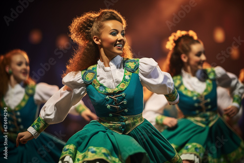 Irish dancers performing in vibrant costumes, showcasing traditional dance and culture, creativity with copy space photo