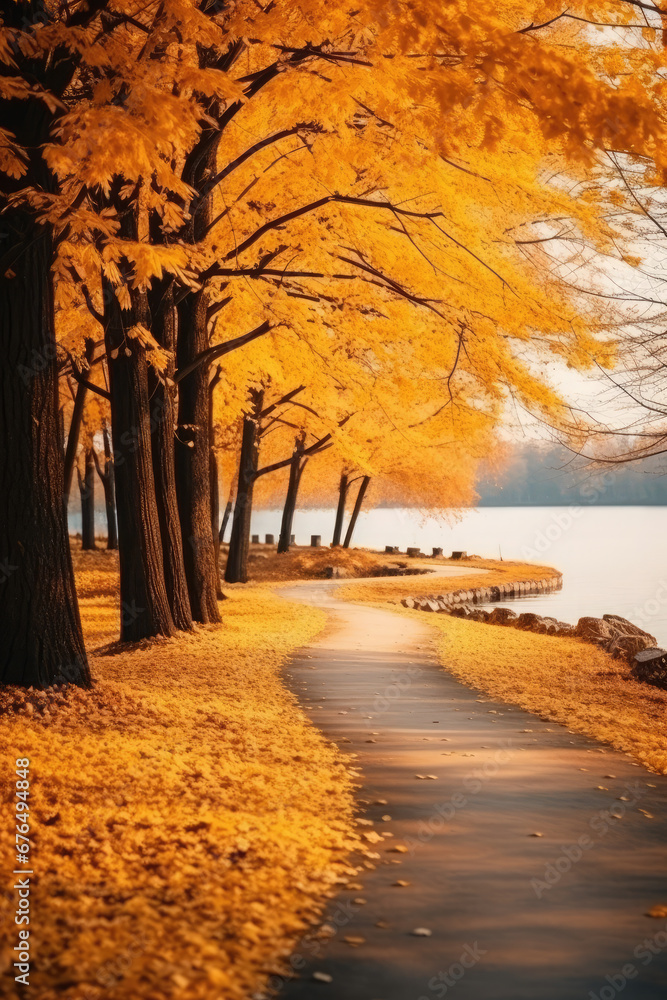 Beautiful autumn park along the river. Beautiful landscape with a path, trees with yellow leaves, rivers