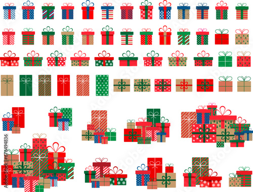 Set of christmas gift boxes with ribbons and bows.A pile of christmas gift boxes.Presents in colorful wrapping with ribbons.Gift boxes stack in flat style.