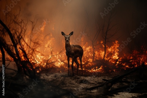 A deer surrounded by flames in a forest