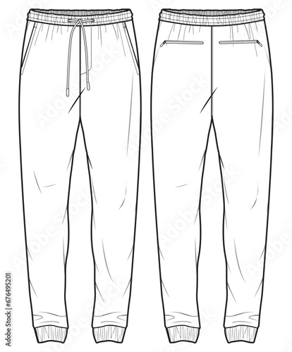 Men's Jogger bottom front and back view flat sketch fashion illustration, Knitted track pants vector template, Sweatpants design drawing photo